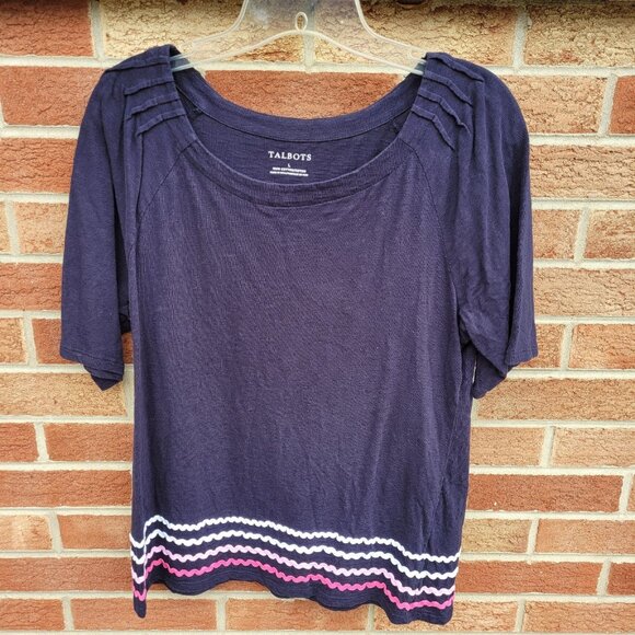 Talbots Short Sleeve Tee Shirt Women's Size Large 100% Cotton Navy Blue - Picture 1 of 5